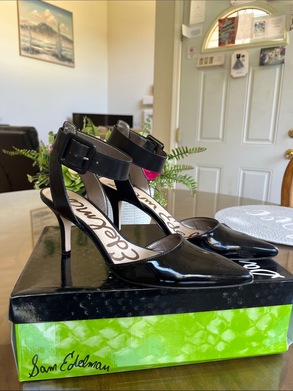 Sam Edelman Black Patent Pointed-Toe Ankle-Strap Heels, 8.5